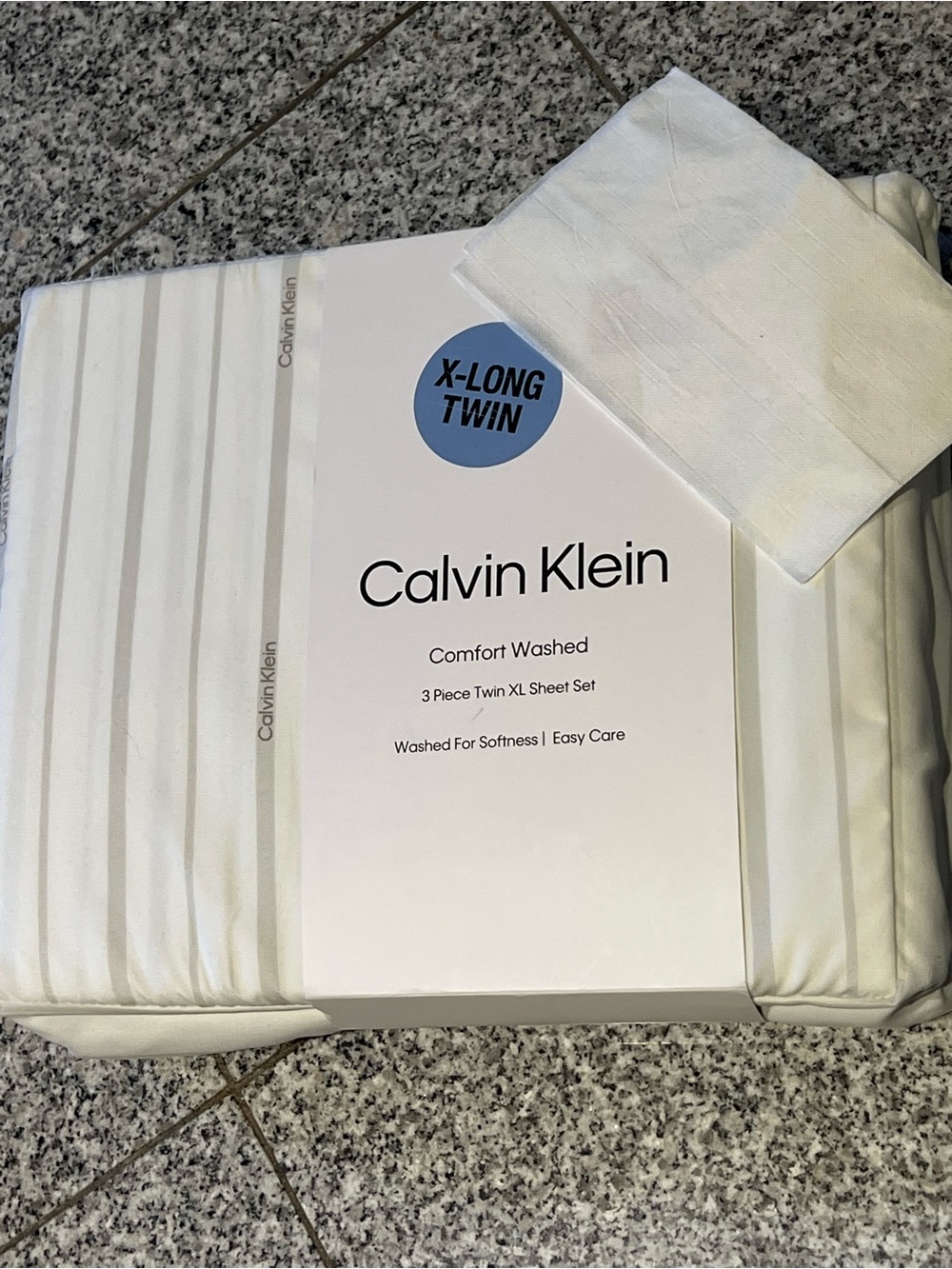 Calvin Klein White w/ Gray pin stripes Comfort Washed X-Long Twin Sheet Set New